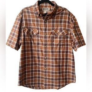 Duluth Trading Company Orange Brown Plaid Short Sleeve Button Down‎ Shirt Sz L